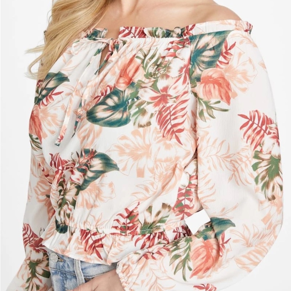 Guess Floral Off-Shoulder Blouse - White and Coral